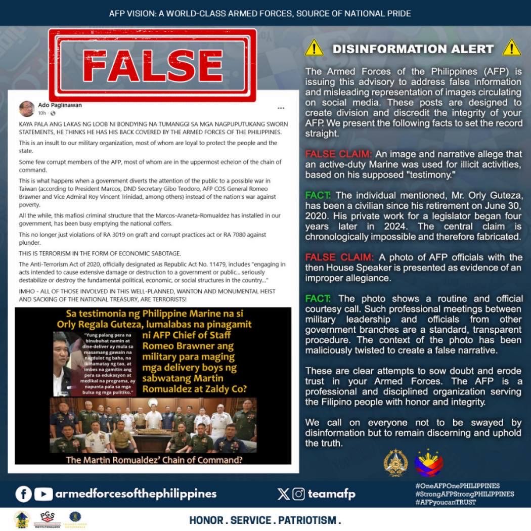 TeamAFP's tweet image. ‼️ Disinformation Alert ‼️ 

The Armed Forces of the Philippines (AFP) is issuing this advisory to address false information and misleading representation of images circulating on social media. These posts are designed to create division and discredit the integrity of your AFP.…