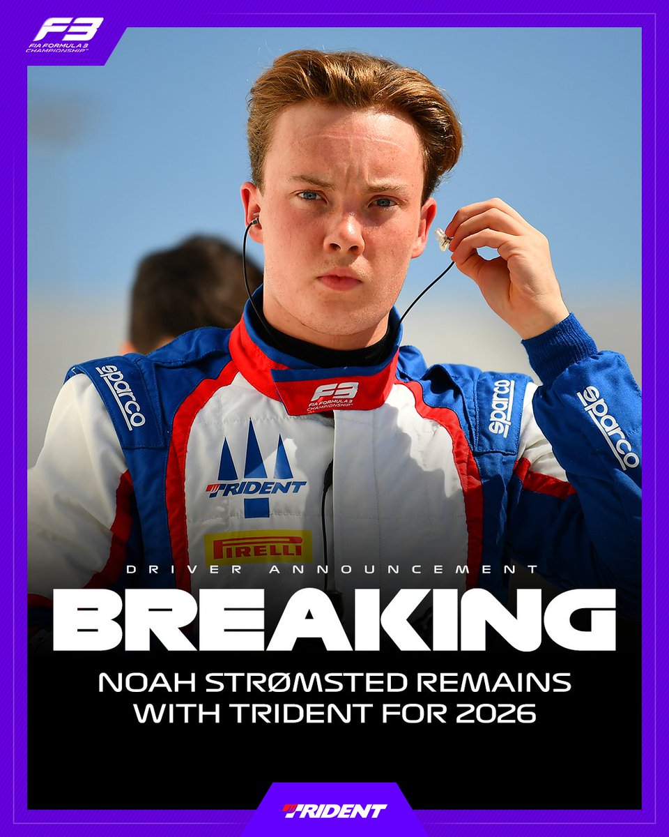 Formula3's tweet image. BREAKING: Noah Stromsted sticks with @trident_team for the 2026 F3 season ๐ค
Together, the Danish driver and Italian team secured a Sprint Race win at Spa and two further podiums in 2025 โ and they'll be looking to build on that success next year! ๐
#F3 #RoadToF1