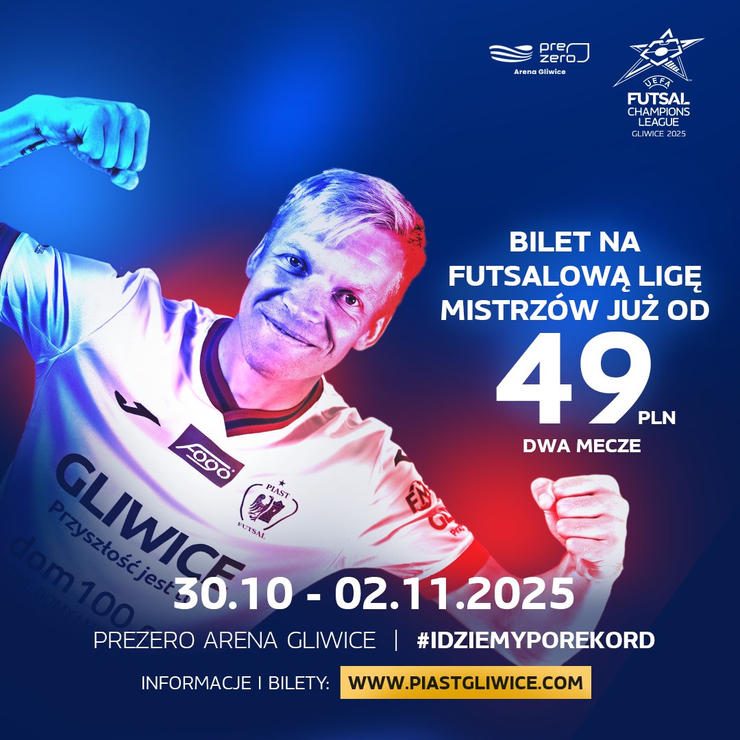 🏟 Dołóż swoją cegiełkę do październikowej próby pobicia 𝐫𝐞𝐤𝐨𝐫𝐝𝐮 𝐟𝐫𝐞𝐤𝐰𝐞𝐧𝐜𝐣𝐢 w <a href="/prezero_arenag/">PreZero Arena Gliwice</a>  podczas Ligi Mistrzów 👀

🎟️ Dwa mecze na żywo już od 𝟒𝟗 𝐏𝐋𝐍 - bilety dostępne na: piastgliwice.com/bilety
—
#CzasNaFutsal #IdziemyPoRekord #LigaMistrzówWGliwicach