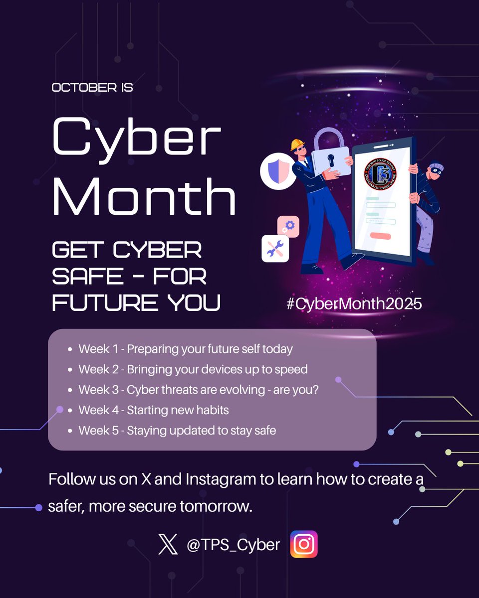 October is Cyber Security Awareness Month!

Helping you #GetCyberSafe is important to us at <a href="/TPS_Cyber/">TPS - Coordinated Cyber Centre</a>, which is why we are sharing important tips during #CyberMonth2025 highlighting the importance of forming strong online habits today for a more secure future.

#FollowUs