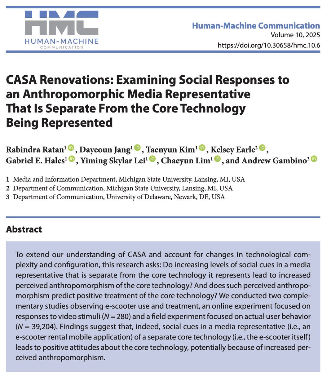 New in Human-Machine Communication Vol. 10: Ratan &amp; colleagues show CASA isn’t static, apps can make tech feel human &amp; likable. #HMC