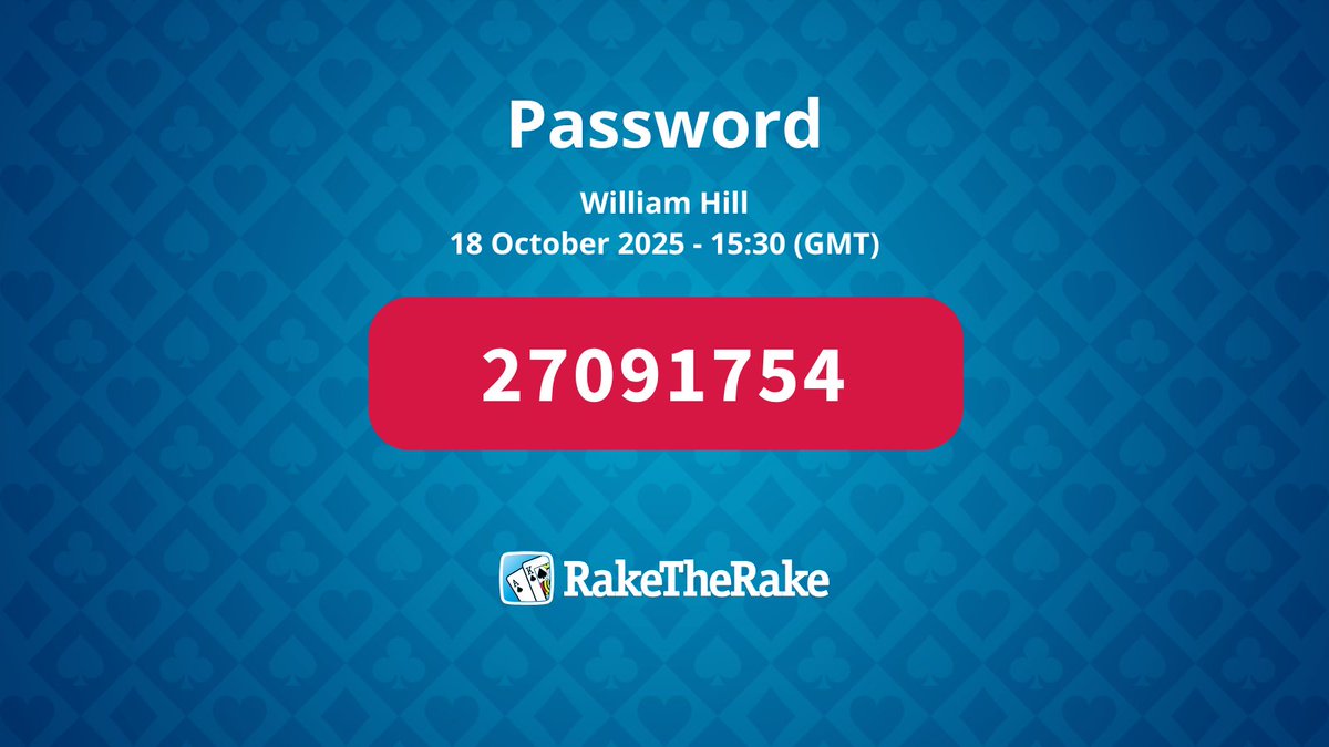 raketherake's tweet image. 🚨 Freeroll Password Release 🚨

🔐Password: 27091754 🔐

Play at #WilliamHill now!

Turn notifications on so you don&apos;t miss the next one! 🔔