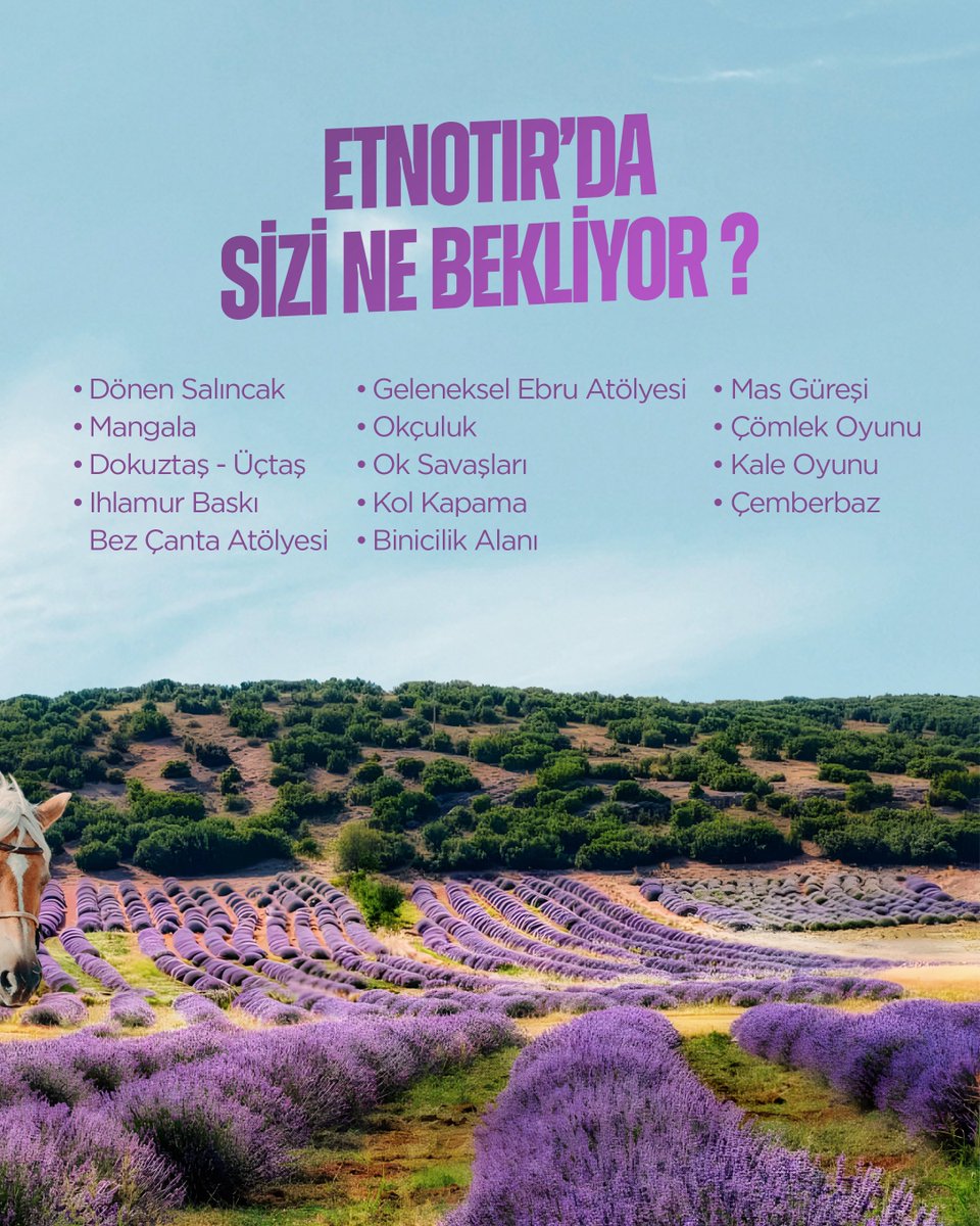 EtnoTır Isparta’da 🏹

29 Eylül- 2 Ekim tarihleri arasında Süleyman Demirel Üniversitesi Doğu Yerleşkesi’nde geleneksel sporlar ve sanat atölyeleriyle buluşuyoruz! ✨

🗓️ Tarih: 29 Eylül- 2 Ekim
📍 Yer: Süleyman Demirel Üniversitesi Doğu Yerleşkesi
⏰ Saat: 15.00 – 19.00
📢