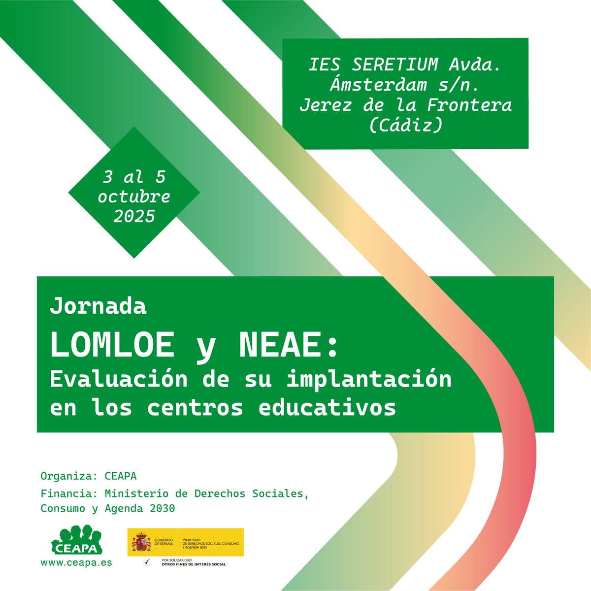 Atención, AMPA de Jerez y alrededores! 📣

Os invitamos a la Jornada LOMLOE y NEAE, un espacio para reflexionar sobre la educación de nuestros centros.

🗓️ Cuándo: 3, 4 y 5 de octubre de 2025 
📍 Dónde: IES Seretium, Jerez de la Frontera
📩Inscríbete: fedapacadiz@gmail.com