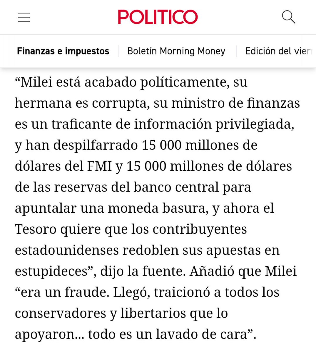 "Milei está ACABADO políticamente, su hermana es CORRUPTA, su ministro de finanzas un TRAFICANTE y han despilfarrado U$S 30.000 millones...".

No lo digo yo. LO DICEN EN LA CASA BLANCA.

GOBIERNO TERMINADO