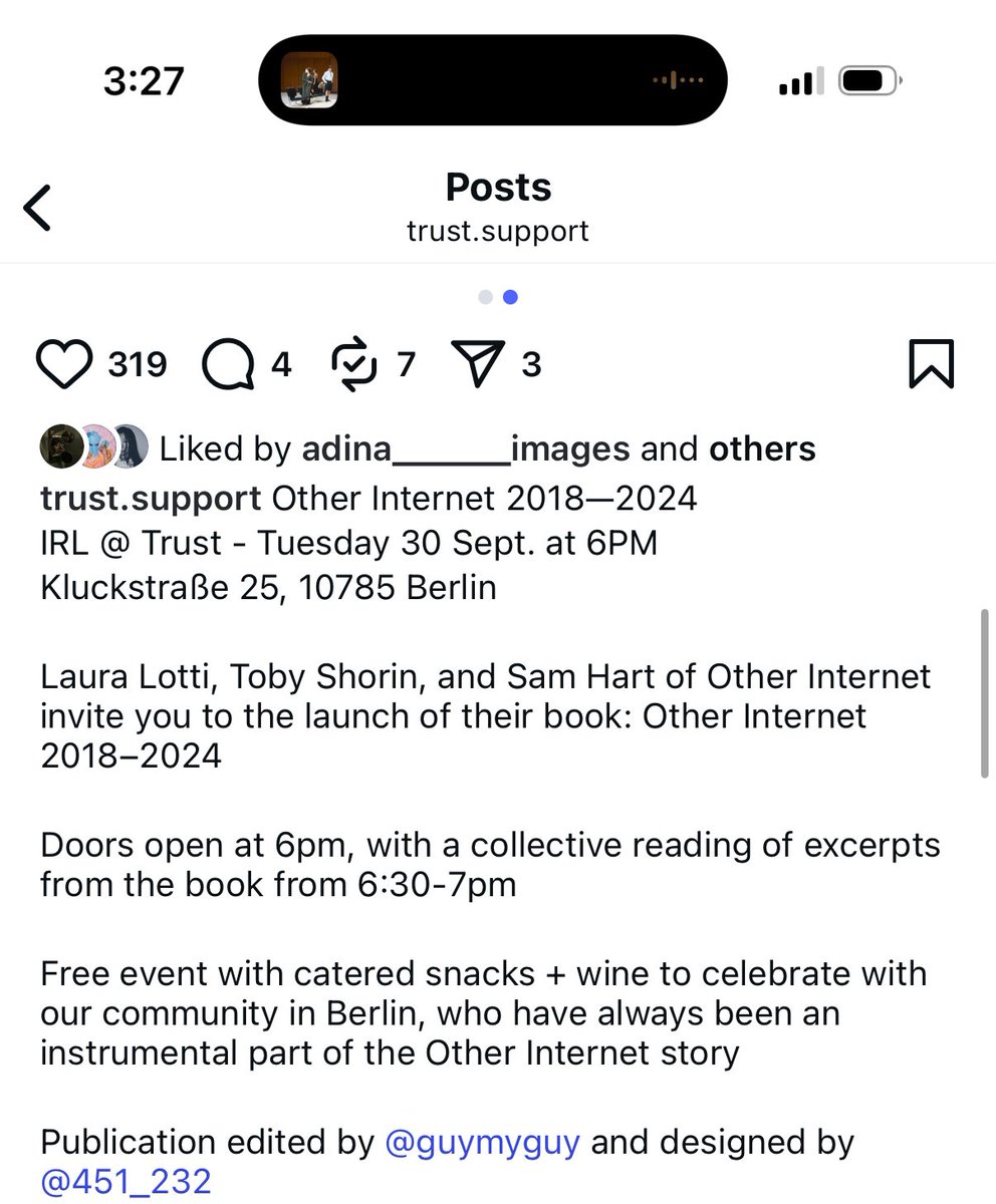 1. The Other Internet book is finally physically shipping.

2. We are hosting our first proper BOOK LAUNCH event in Berlin at <a href="/trust_support/">Trust</a> on Tuesday.

It’s going to be a huge family affair. Sam and Laura and I would love to see you and celebrate together with wine and snacks.