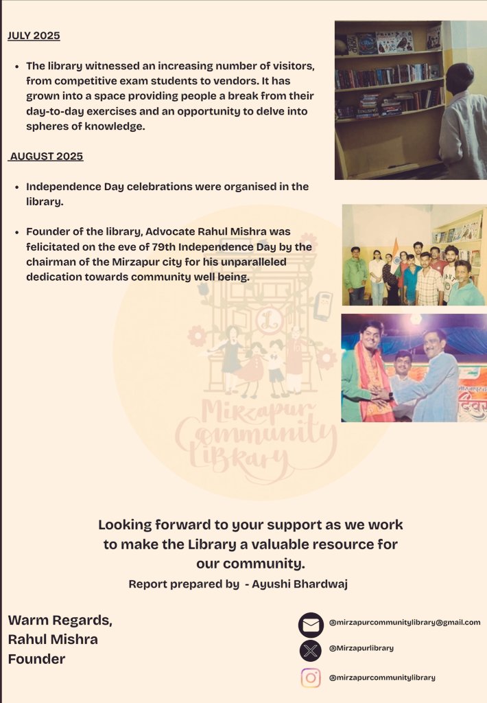 Mirzapurlibrary's tweet image. We’re proud to present our half-yearly update report an inspiring glimpse into the journey of the Mirzapur Community Library and the remarkable stories of our dedicated members who make it thrive.
#Freelibrary #Mirzapur