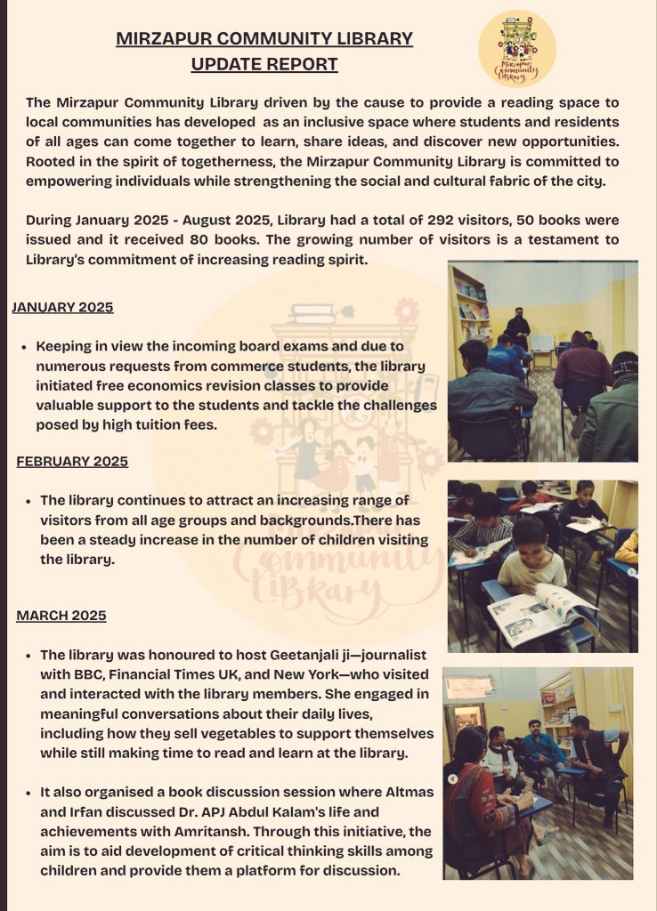 Mirzapurlibrary's tweet image. We’re proud to present our half-yearly update report an inspiring glimpse into the journey of the Mirzapur Community Library and the remarkable stories of our dedicated members who make it thrive.
#Freelibrary #Mirzapur