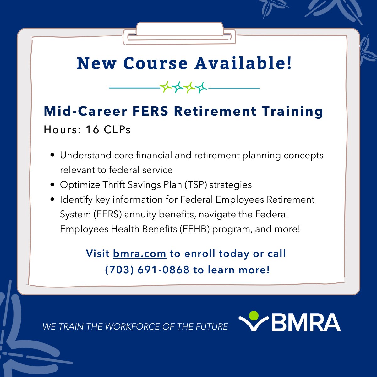 “I’ll figure it out later” isn’t a retirement strategy. But our 2-Day Mid-Career FERS Retirement Training is! 💡Learn how the Thrift Savings Plan, Social Security, and pension work together💡Navigate FEHB 💡Master the TSP bmra.com