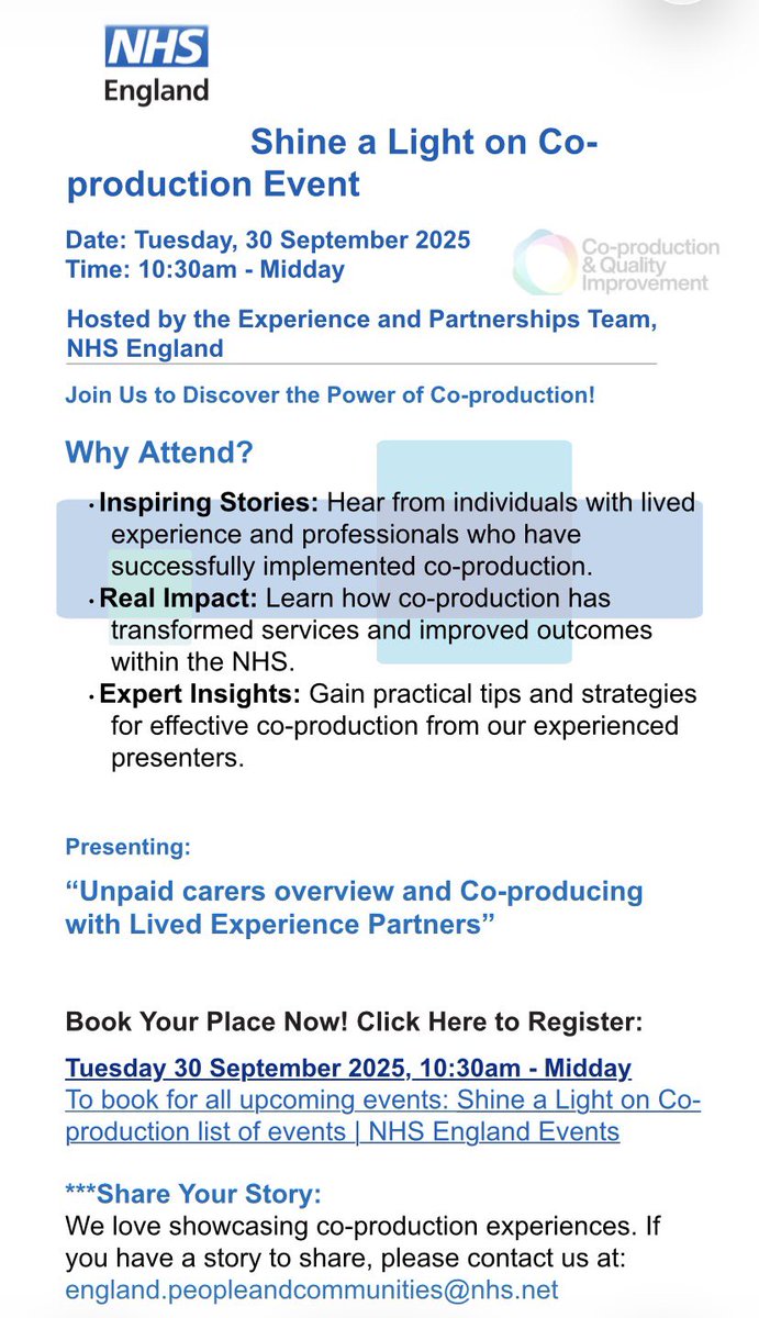 SPMBARA's tweet image. Delighted to invite you to join our Shine a Light on Co-Production event next Tuesday 30th September, 10:30am-12pm. ‘Unpaid Carers overview and Co-Producing with Lived Experience Partners” register &amp;amp; share via 👉🏾 shorturl.at/NL3Qq #NHSThinkCarer #CoProduction #HopeNetwork