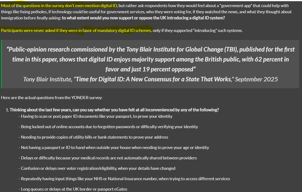 How did the Tony Blair Institute conclude that 62% of Brits favored digital ID? It contracted Yonder Consulting to do a survey. Most questions don’t even mention digital ID. Participants were never asked if they were in favor of mandatory digital ID. Check out the data in story👇