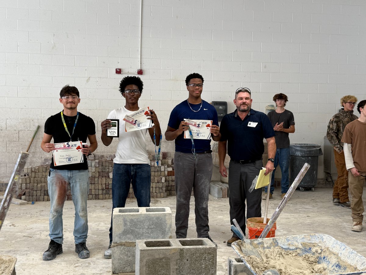 TechCenterVB's tweet image. Masonry JR Block Layer Competition! 
Tristan Donahue, 1st round winner, BHS
Marcus Golding, 2nd round winner, SHS
Uriah O’Neal, 3rd round winner &amp;amp; Overall Junior Block Layer Champion, THS

Judges
Joe Corriveau, VA Masonry Assoc
Snow Jr. and King Co
#VBCPSCommunityPartners