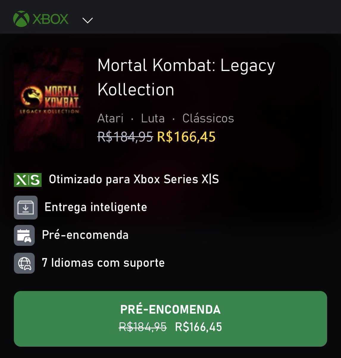 necrolipe's tweet image. Preço revelado para Mortal Kombat: Legacy Kollection no Nintendo Switch 2

R$ 134,99 fora da promoção, tornando a versão mais barata dentre as três opções de jogo nos consoles