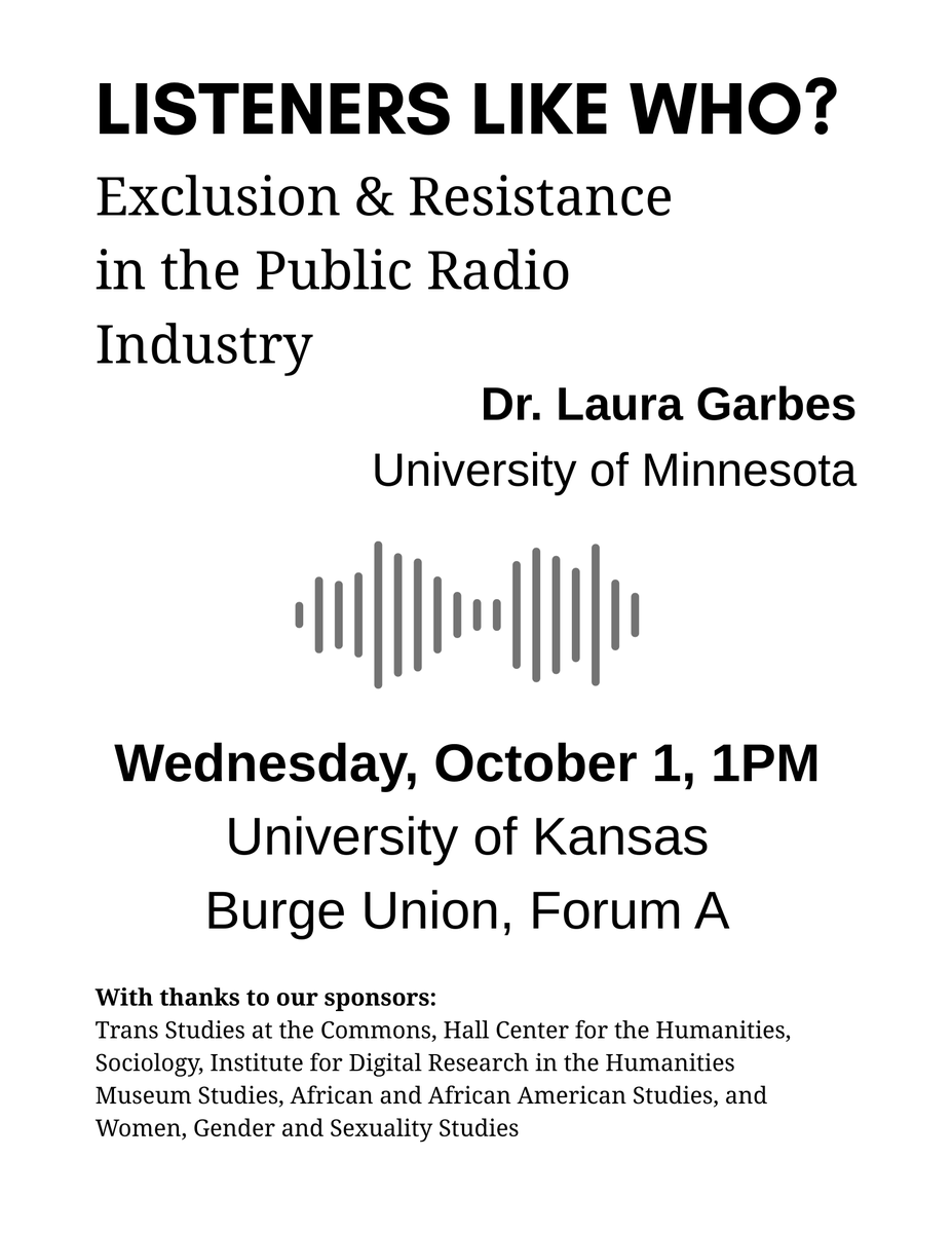 "Listeners Like Who? Exclusion &amp; Resistance in the Public Radio Industry"
Dr. Laura Garbes
October 1st, 1pm. Burge Union, Forum A.