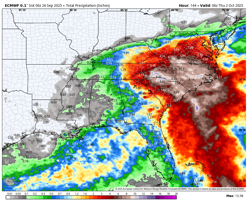 Concerning early forecast rainfall amounts for potential Imelda early next week. The system is likely, but not certain, to make landfall in the Carolinas Tuesday. This forecast scenario could yield a significant flash flooding threat (10"+) next week.