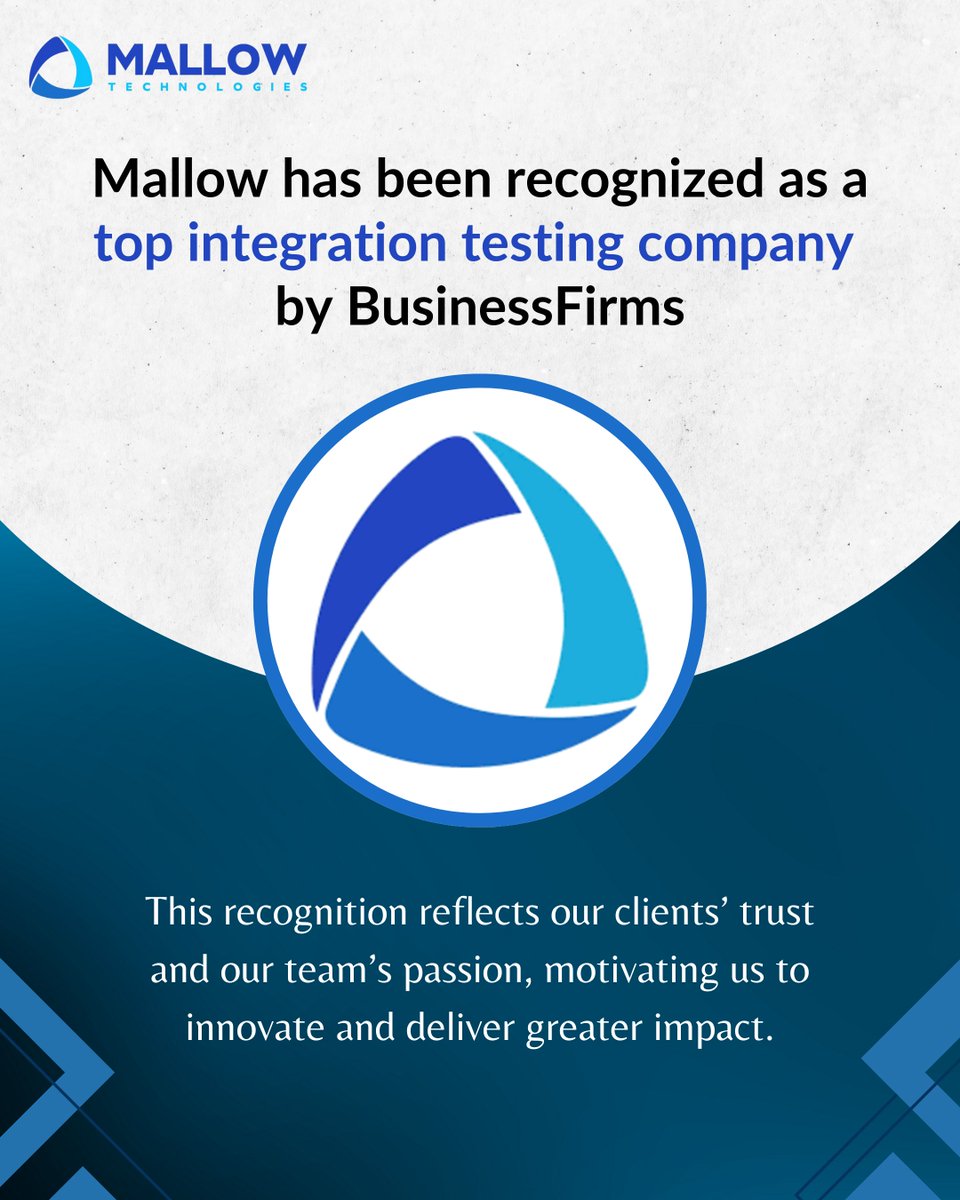 MallowTech's tweet image. Mallow has been recognized as one of the top integration testing companies by BusinessFirms!
👉 Want to create digital solutions that truly make a difference? Let’s talk: rb.gy/v7o10d
#integrationtesting #digitaltransformation #BusinessFirms #MallowTechnologies