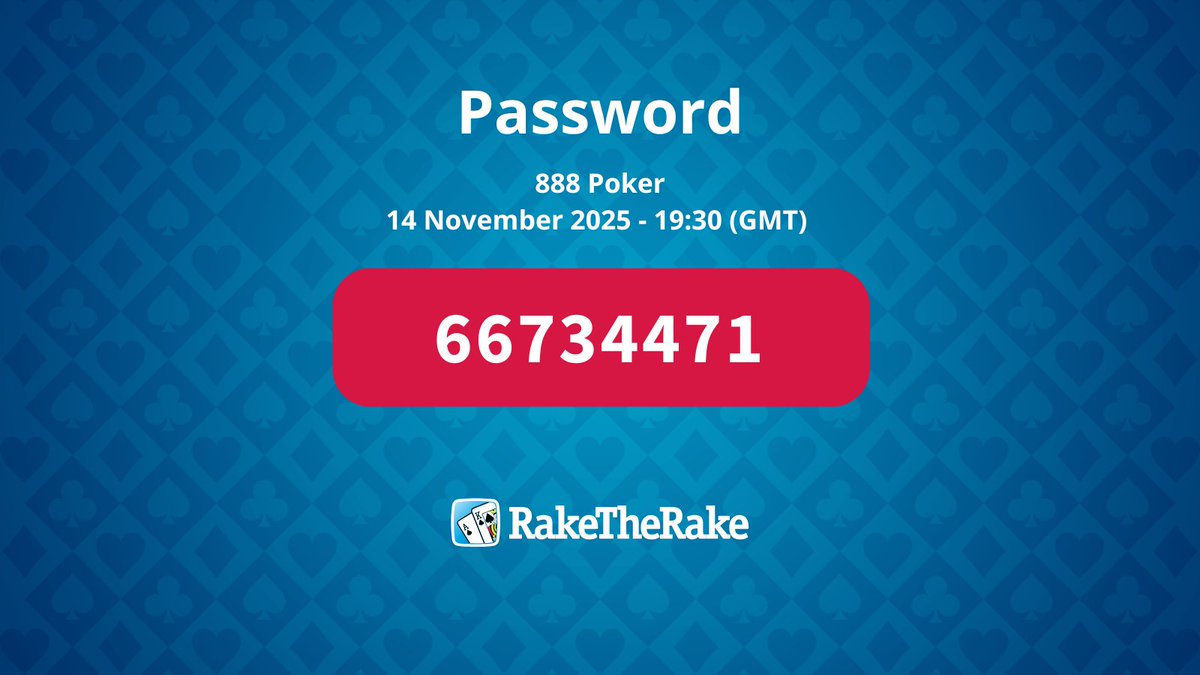 raketherake's tweet image. 🚨 Freeroll Password Release 🚨

🔐Password: 66734471 🔐

Play at #888Poker now!

Turn notifications on so you don&apos;t miss the next one! 🔔