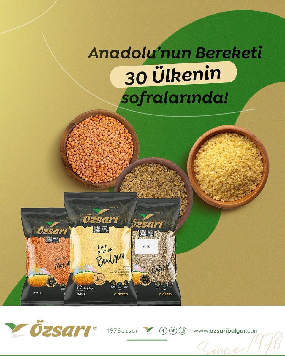 Kalite standartlarına uygun üretimimizle, ürünlerimizi 30 farklı ülkeye gururla ihraç ediyoruz.

Özsarı Gıda’nın başarısının temelinde; müşteri odaklılık ve verimlilik esaslı yönetim anlayışı yer alıyor. 

Kaliteyle büyüyor, güvenle paylaşıyoruz.

#Özsarı #Bulgur #Bakliyat