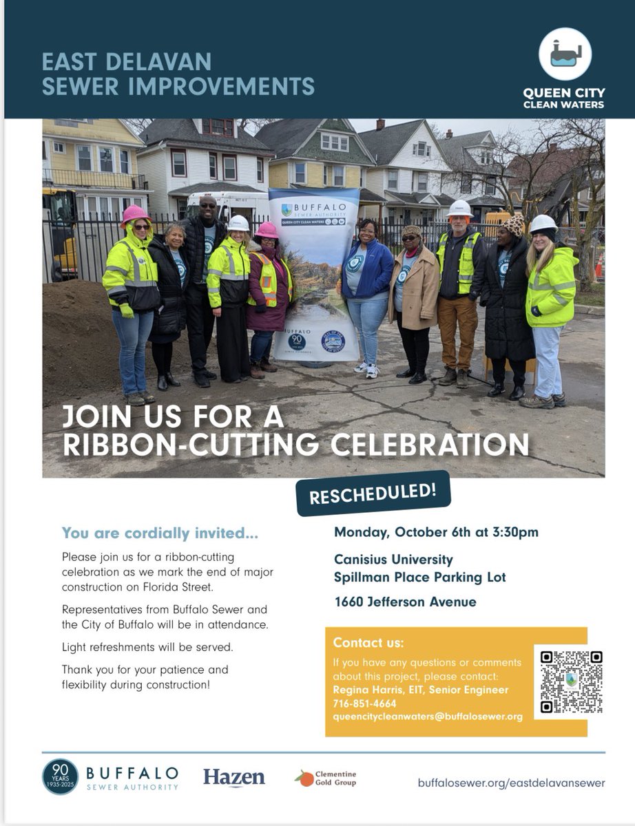 📢 RESCHEDULED 🚧✂️
The East Delavan Sewer Improvements Ribbon-Cutting is now:

📅 Mon, Oct 6 | 🕞 3:30 PM
📍 Canisius Univ, Spillman Place Lot (1660 Jefferson Ave)

Join us as we celebrate this important infrastructure milestone! 💧💙