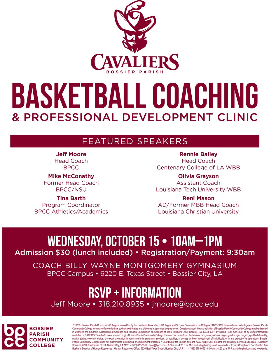 Join us for BPCC’s Basketball Coaching &amp; Professional Development Clinic on Wednesday, October 15! Hear from an outstanding lineup of men’s and women’s coaches as we get ready for basketball season. Don’t miss it!

#GoCavs #CoachingClinic #BPCC