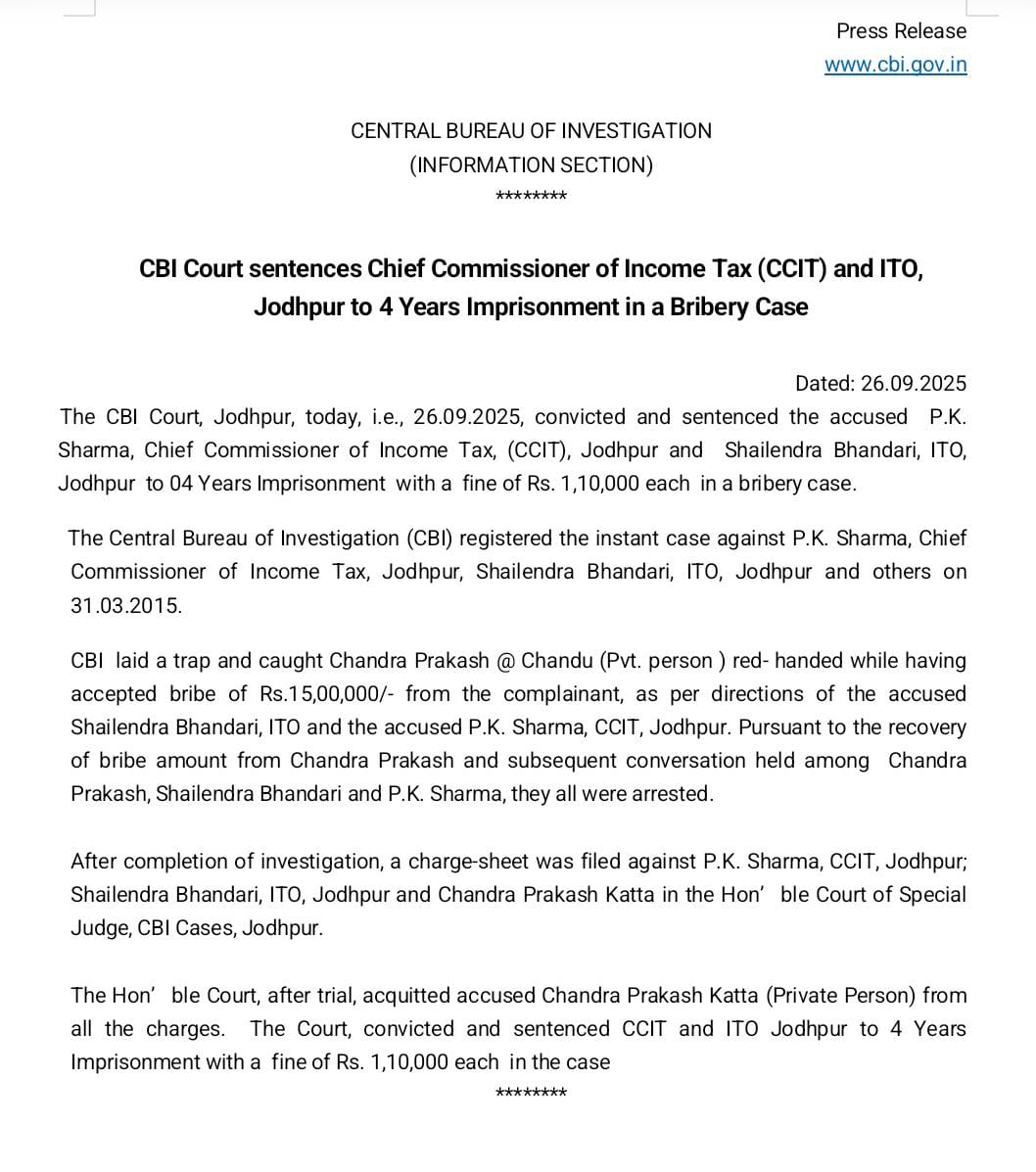 CBIHeadquarters's tweet image. CBI Court sentences Chief Commissioner of Income Tax (CCIT) and ITO, Jodhpur to 4 Years Imprisonment in a Bribery Case