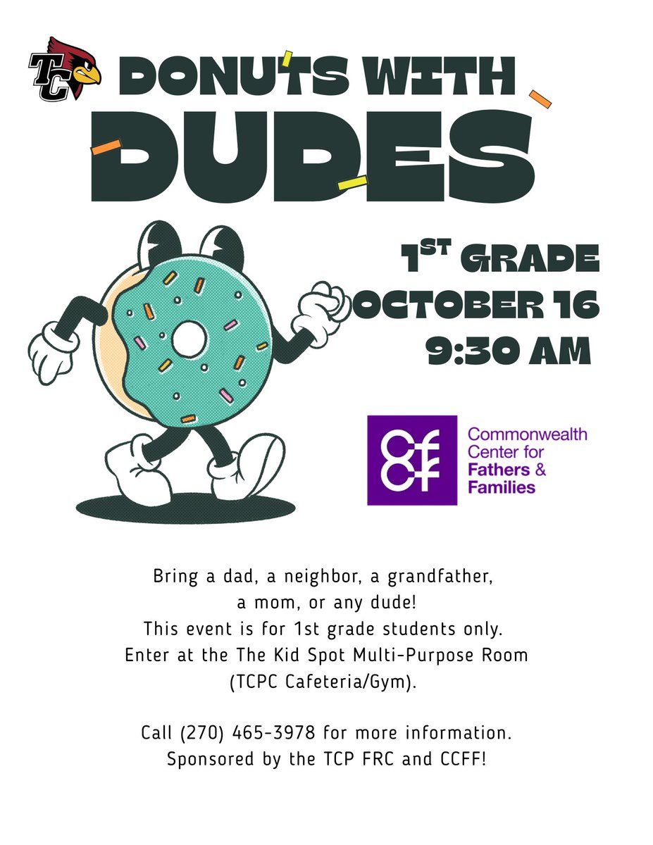 TC_Schools_KY's tweet image. Our first graders will have 𝐃𝐎𝐍𝐔𝐓𝐒 𝐖𝐈𝐓𝐇 𝐃𝐔𝐃𝐄𝐒 on Thursday, October 16, at 9:30 AM in The Kid Spot Center Multi-Purpose Room at TCPC (cafeteria/gymnasium).

Thank you to the FRC and CCFF for sponsoring the event!

#tcpride #tccares #tcpc #TCFRC