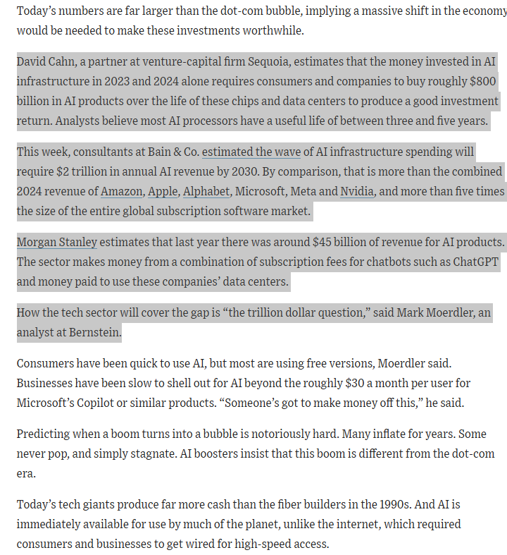 ShanuMathew93's tweet image. AI capex cycle has become a battleground. AI infrastructure spending needs $2T/year by 2030 (per Bain), exceeding 2024 revenue of Amazon, Apple, Alphabet, Microsoft, Meta &amp;amp; Nvidia combined. Current AI revenue: ~$45B. How tech bridges this gap is the trillion dollar question!