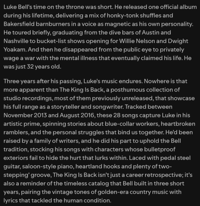 Major kudos to Luke Bell's team for this beautiful bio on Spotify 🥺 A reminder to check in on your friends, mental health affects us all. Someone you know may be suffering in silence. Stop and ask them how they’ve been, how they’ve *really* been. You are very missed, Mr. Bell 🖤