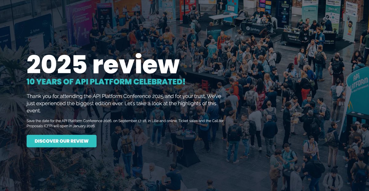 ApiPlatform's tweet image. The #APIPlatformCon 2025 review is now live on the framework’s website. Check out the highlights, photos, and aftermovie from last week in Lille: api-platform.com/con/2025/revie…