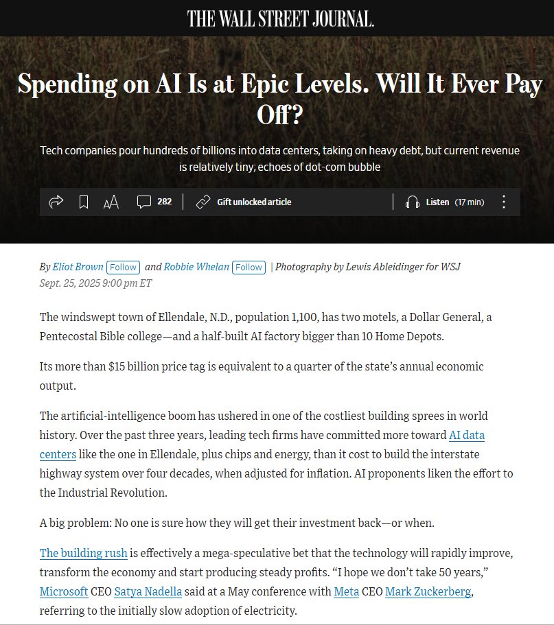 ShanuMathew93's tweet image. AI capex cycle has become a battleground. AI infrastructure spending needs $2T/year by 2030 (per Bain), exceeding 2024 revenue of Amazon, Apple, Alphabet, Microsoft, Meta &amp;amp; Nvidia combined. Current AI revenue: ~$45B. How tech bridges this gap is the trillion dollar question!