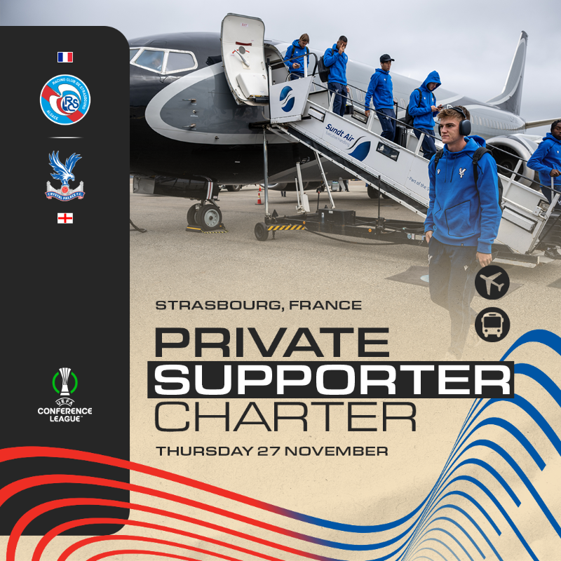 CPFC's tweet photo. We are delighted to announce a chartered flight trip for our fans to travel to our UEFA Conference League tie against RC Strasbourg 🦅

👉 Airport transfers included
👉 Fly out and return on the day
👉 Plane full of Palace