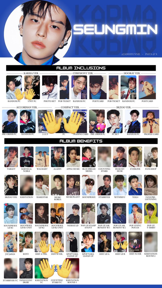 KARMA スキズ straykids 交換 トレカ 
【譲】バンチャン🐺 リノ🐰 チャンビン🐖🐰 ヒョンジン🥟🥝🦙 ハン🐿 フィリックス🐥

【求】3.4枚目スンミン🐶 アイエン🦊 同異種検討します🙌

⚠️優先トェッキ→パピーム

💖はSkzooトレカサッカーの方は同種🐶固定 特典の方は🦊固定
👐は求めておりません