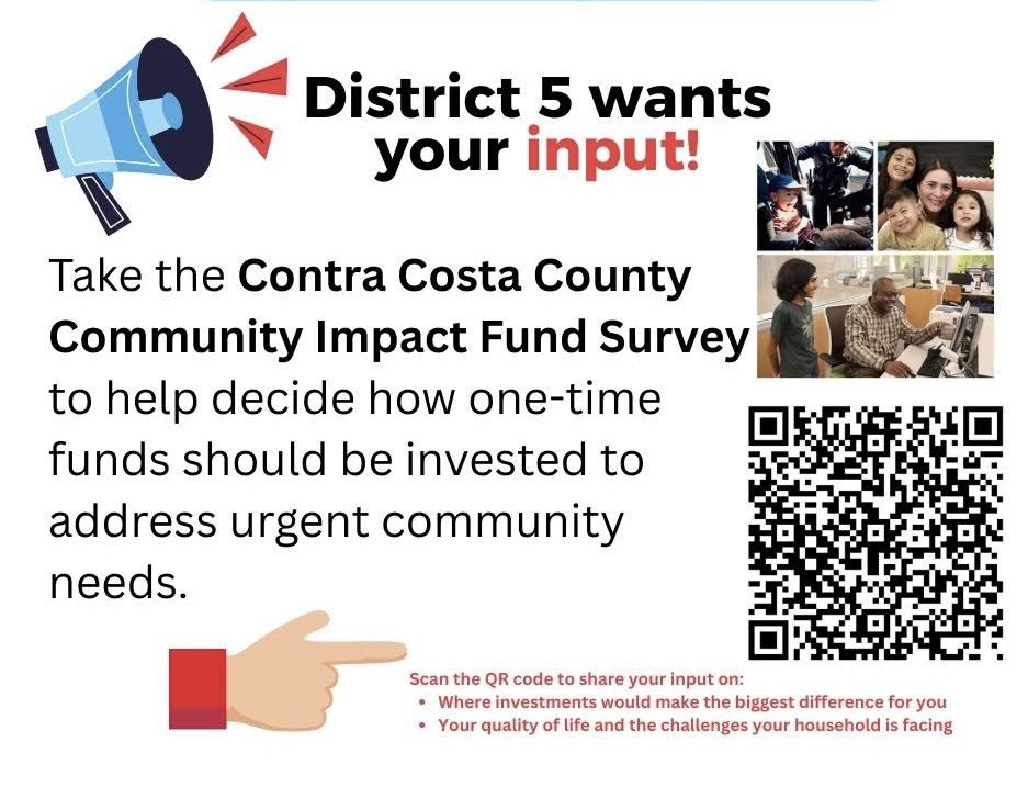 Take the Contra Costa County Community Impact Fund Survey to help decide how one-time funds should be invested to address urgent community needs. Survey closes on September 30th at 5pm. 

Link to survey: forms.office.com/Pages/Response…