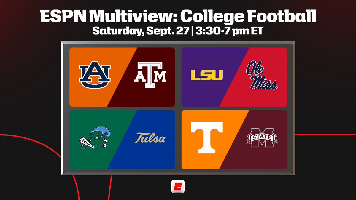 4 <a href="/ESPNCFB/">ESPN College Football</a> games. 1 screen. Endless possibilities.

ESPN: <a href="/AuburnFootball/">Auburn Football</a>-No. 9 <a href="/AggieFootball/">Texas A&M Football</a>
ABC: No. 4@LSUfootball-No. 13 <a href="/OleMissFB/">Ole Miss Football</a>
ESPNU: <a href="/GreenWaveFB/">Tulane Football</a>-<a href="/TulsaFootball/">Tulsa Football</a>
SECN: No. 15 <a href="/Vol_Football/">Tennessee Football</a>-<a href="/HailStateFB/">Mississippi State Football</a>

Supported devices: bit.ly/4gx3ciA