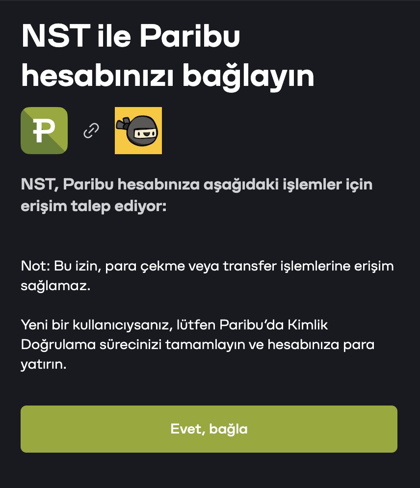 $NST topluluğuna müjde! 🎊🥷

7 Milyon kullanıcıya sahip Paribu ile web3 platformumuza borsa ile giriş yaparak analiz telegramı, data analiz platformu ve haber terminalimizi kullanabilirsiniz.

ninjatraders.io/dashboard bölümünde paribu ile giriş yap bölümünden yapabilirsiniz.