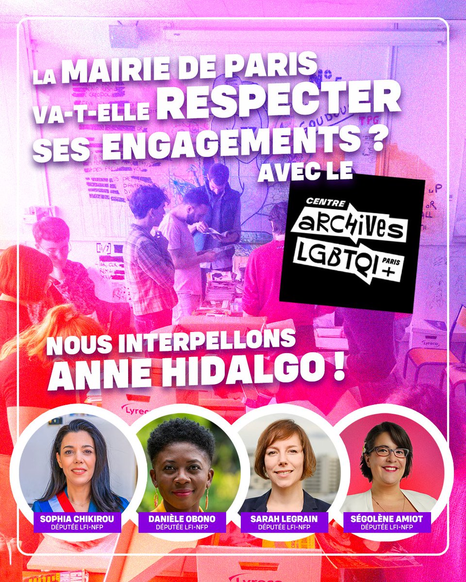 Avec mes collègues <a href="/S_Legrain/">Sarah Legrain</a>, @deputee_Obono et <a href="/SegoleneAmiot/">Ségolène Amiot 🔻🐝🏳️‍🌈</a> nous soutenons la demande du  Centre d’archives LGBTQI+ (<a href="/LgbtqiArchives/">Centre d'archives LGBTQI+ Paris IDF</a>) de Paris auprès de la mairie.

Ce lieu essentiel de mémoire et de luttes ne doit pas être bloqué par des lenteurs administratives.

Lire le