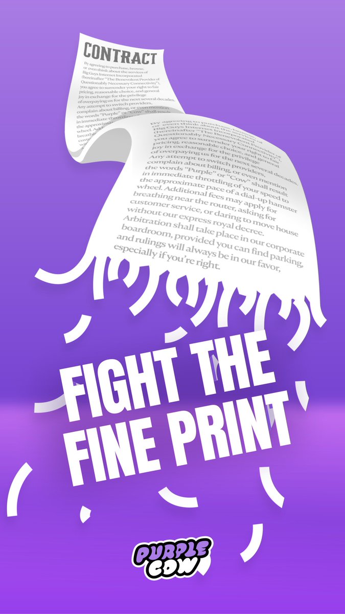 There are some big promises in the fine print. “First year offer” looks good until month 13. Purple Cow Internet pricing is fair from the start and doesn’t go up after a certain amount of time. Switch to Purple Cow for fair and honest pricing!
