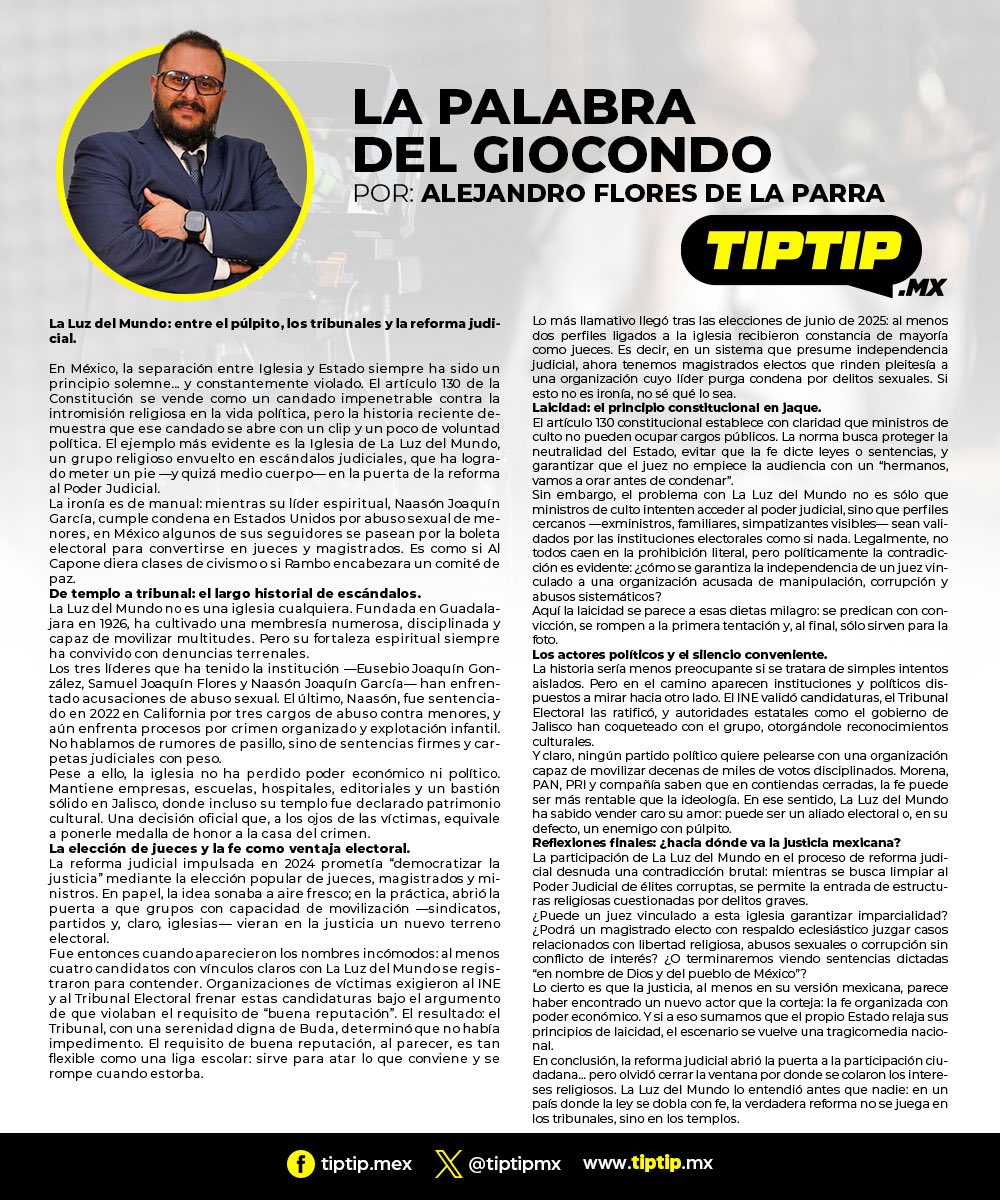 El Giocondo  (@alejandrofdelap) on Twitter photo ÂżPuede una iglesia envuelta en escándalos de abusos y corrupciĂłn convertirse en protagonista de la reforma judicial en MĂ©xico? Aunque parezca un guion de sátira polĂtica, es la realidad que rodea a La Luz del Mundo.
En este análisis publicado en <a href="/tiptipmx/">Tip...Tip...</a>, revisamos cĂłmo este ÂżPuede una iglesia envuelta en escándalos de abusos y corrupciĂłn convertirse en protagonista de la reforma judicial en MĂ©xico? Aunque parezca un guion de sátira polĂtica, es la realidad que rodea a La Luz del Mundo.
En este análisis publicado en <a href="/tiptipmx/">Tip...Tip...</a>, revisamos cómo este