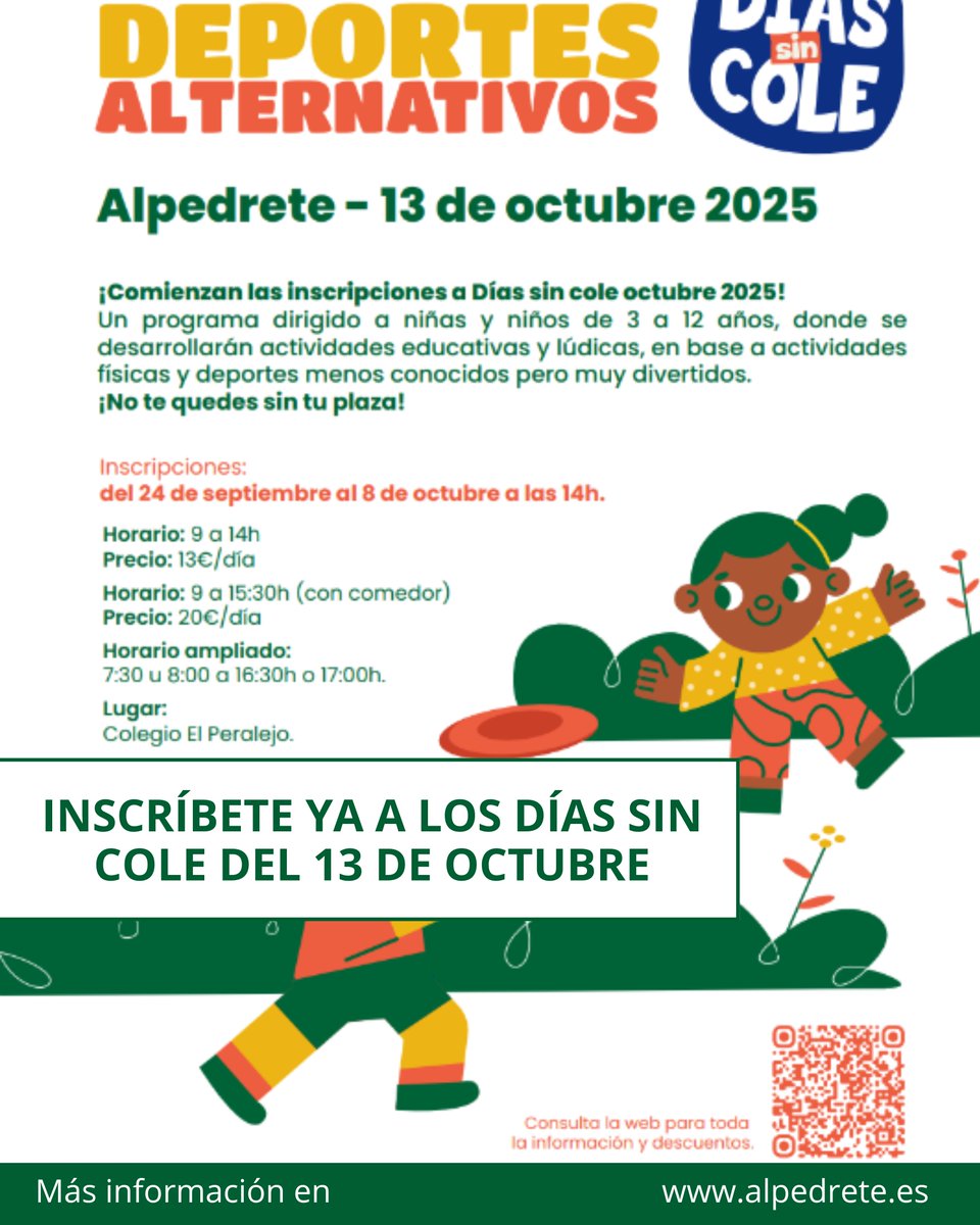🛝Vuelven los Días sin Cole el día 13 de octubre de 2025

🏫Se trata de un servicio de ocio educativo e infantil, dirigido a menores de 3 a 12 años, y cuyo propósito es facilitar la conciliación de la vida familiar y laboral. Los Días sin Cole funcionará siempre que lo soliciten,