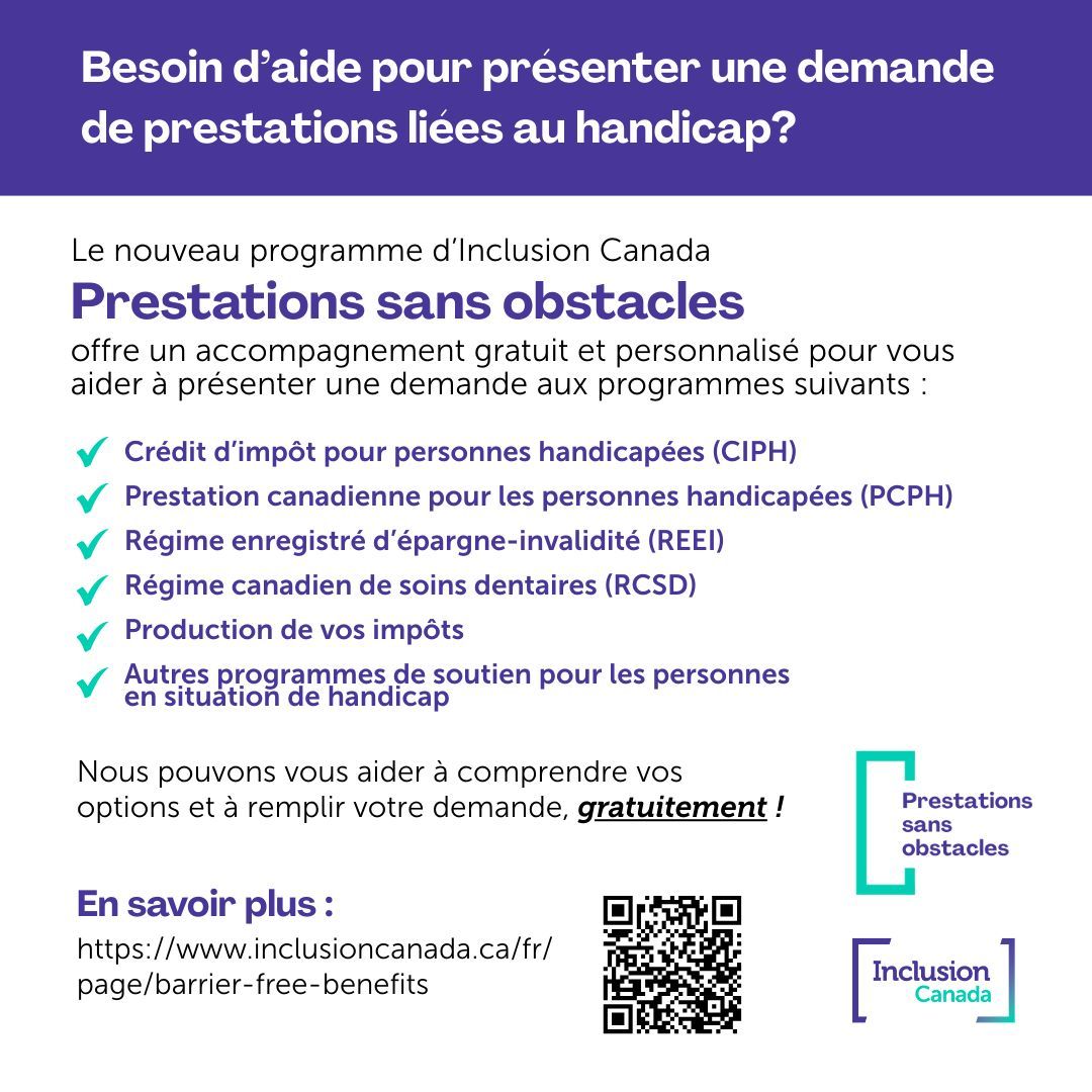 Inclusion Canada (@inclusionca) on Twitter photo Launching Barrier-Free Benefits!
Free, one-on-one support from Inclusion Canada’s Navigators to apply for the #CDB, DTC, RDSP, Dental Care Plan, file taxes, and more
Contact a Navigator today!
#BarrierFreeBenefits
💜 You don’t have to figure this out alone.
👉 Learn more: Launching Barrier-Free Benefits!
Free, one-on-one support from Inclusion Canada’s Navigators to apply for the #CDB, DTC, RDSP, Dental Care Plan, file taxes, and more
Contact a Navigator today!
#BarrierFreeBenefits
💜 You don’t have to figure this out alone.
👉 Learn more: