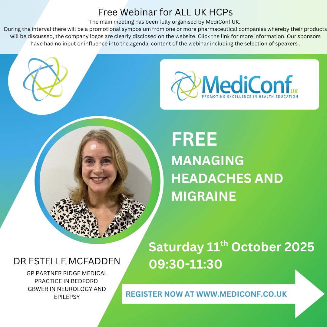 🔔 For UK HCPs: Join us on our FREE webinar on Managing Headaches and Migraine with Dr Estelle McFadden – 11th Oct.

Covering:
🔹 Red flags
🔹 Diagnosis &amp; management
🔹 When to refer
🔹 Common pitfalls

🔗 mediconf.co.uk/event-details.…

#Headache #PrimaryCare