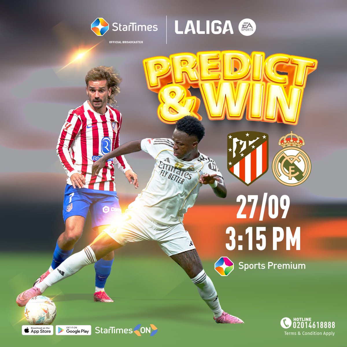 #GiveawayAlert!

Predict the score of the Atletico Madrid vs Real Madrid match.

Drop your predictions in the comments and stand a chance to be one of the 10 people to win 5k each

Winners will be picked at random.

Prediction ends at 3pm on September 27

#LaLigaOnStarTimes