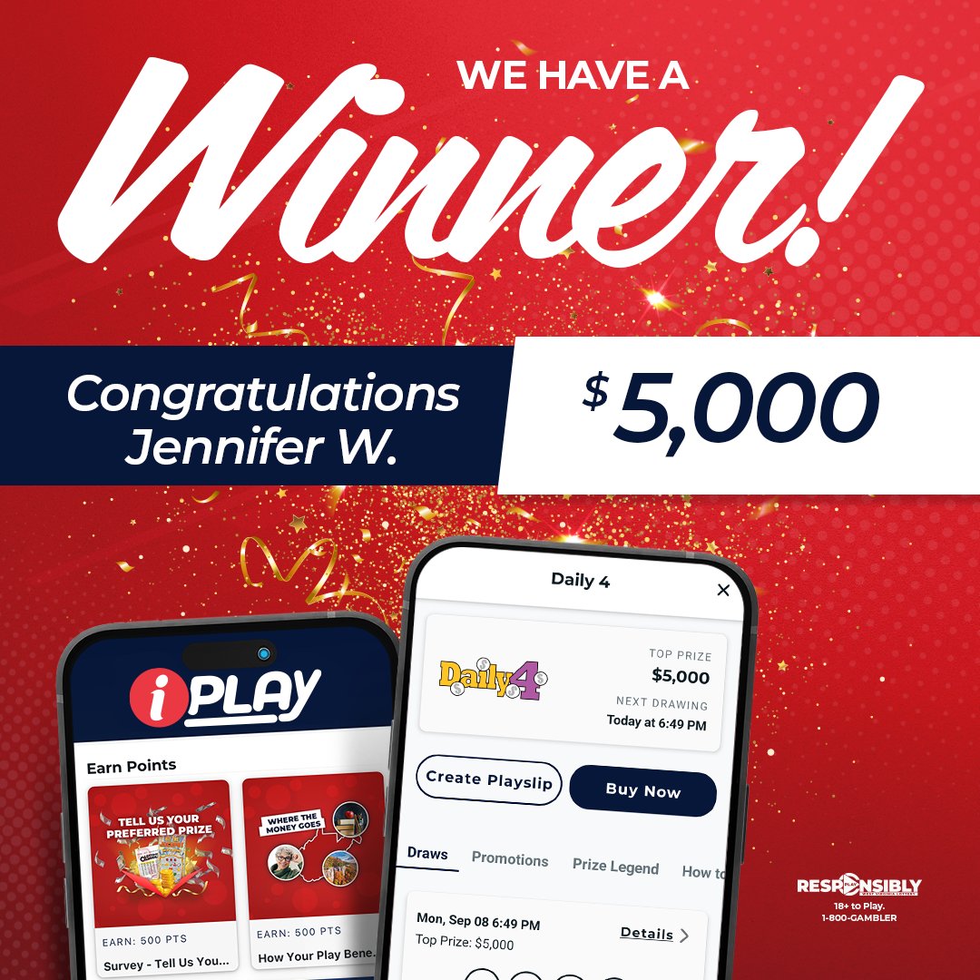 📱💰Congratulations to Jennifer W. on winning $5,000 playing Daily 4 on iPLAY.  #PlayON
#iPLAY #Winner #Drawgames

wvlottery.com/games/draw-gam…
