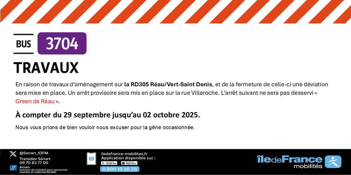 Senart_IDFM's tweet photo. 🚧🚍#infotrafic #VertSaintDenis #L3704
En raison de travaux d’aménagement sur la RD305 Réau/Vert-Saint Denis. L’arrêt suivant ne sera pas desservi « Green de Réau ».
Nous vous prions de bien vouloir nous excuser pour la gêne occasionnée. https://t.co/EgXxVLSYdk