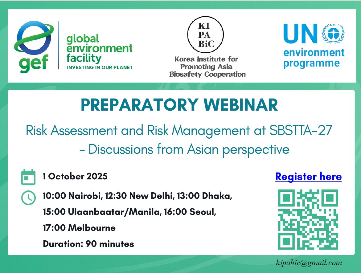 BCHCPB's tweet image. Preparatory webinar on ‘Risk Assessment and Risk Management of #LMOs at SBSTTA-27: Discussions from Asian Perspective’ will be held on 1 October 2025 at 4:00 PM (KST) - shorturl.at/CfJfB

#GMOs #biotech #Biotechnology @wadzanayi14