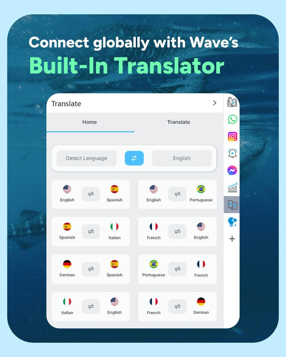 Wave_Browser's tweet image. Browse without borders. 🌐 Wave’s Built-In Translator makes the world feel smaller—while keeping the ocean in focus.

#BrowserFeatures #Browser #Translate #OceanConservation #Worldwide