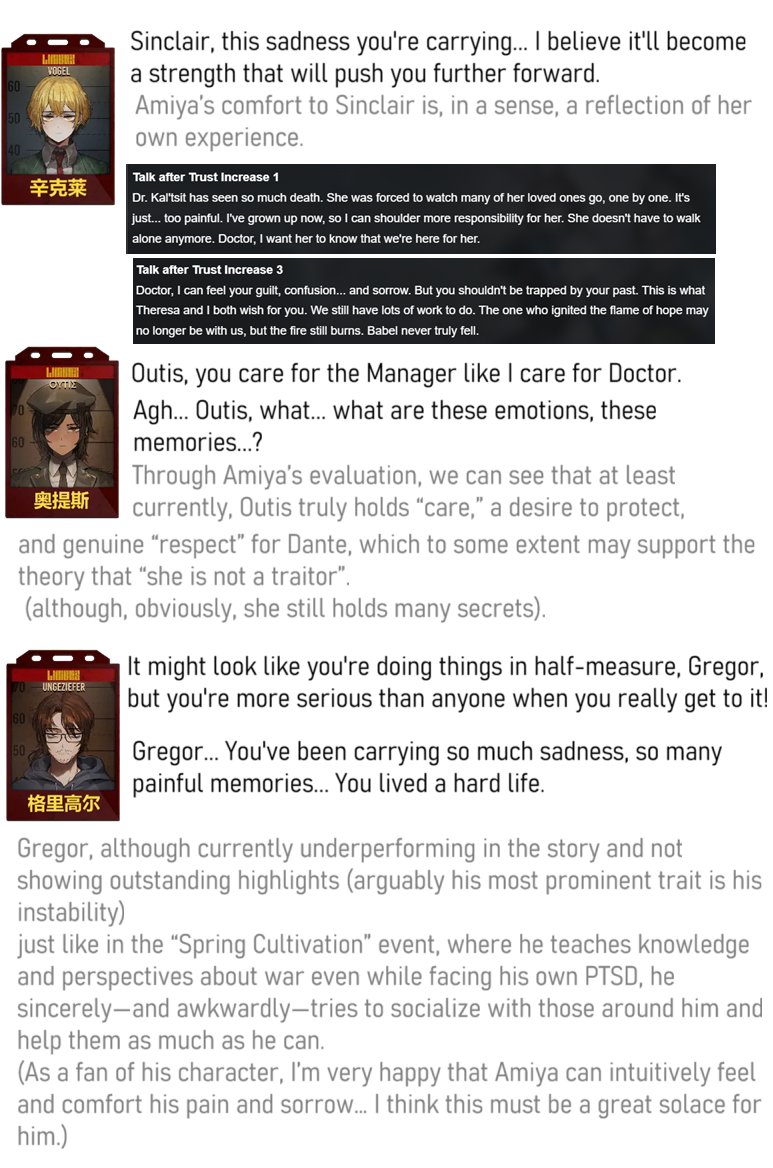 Amiya has special voice lines that are played only during combat. These lines serve as remarks or evaluations toward the Sinners and reflect their inner state. 
They also include small quirks and personality-related, so I’ve organized them as follows and added some considerations