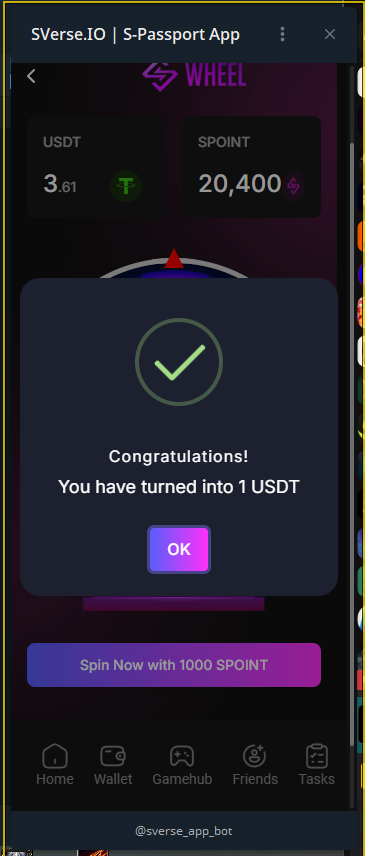 i won 1 $USDT at SVerse.io S-wheel! grab your SVIP NFT now!! 

🚨 MINT YOUR S-PASSPORT HERE:
nftshop.sverse.io/?r=DxdSAmi2

#MargarineGuild #Sverse #SVIP