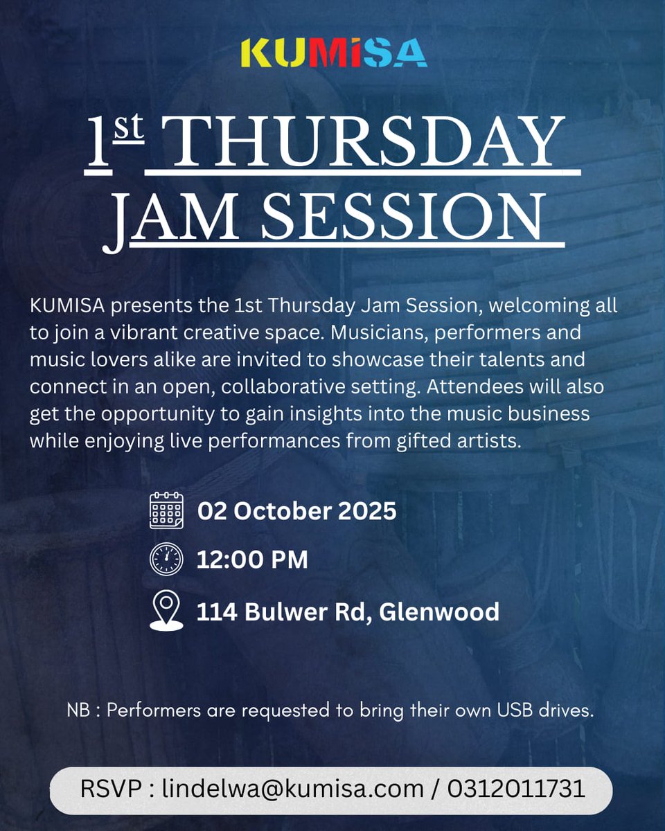 🎤 Calling All Musicians 

KUMISA is inviting artists to showcase their talent, connect with fellow musicians and take part in an unforgettable jam session.

Those interested can book a performance slot by RSVPing to lindelwa@kumisa.com.

For more details, see poster

#KUMISA
