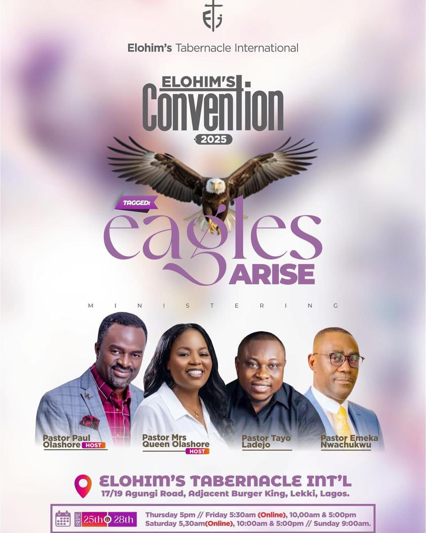 Are you in Lekki or nearby?
Don’t miss the opportunity to encounter God’s presence as Pst. Tayo ministers live at Elohim’s Tabernacle Int’l during #ElohimsConvention2025!

🕔 Today: 5:00 PM
       Tomorrow: 10:00 AM

ℹ️ See banner for more details

Come expectant!